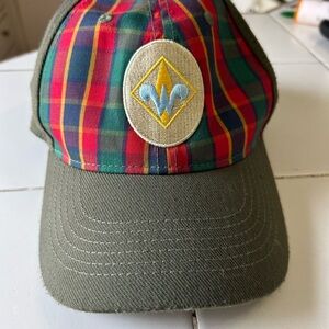 Plaid and Olive Green Cap with Embroidered Logo. Weblo sz s/m great shape!